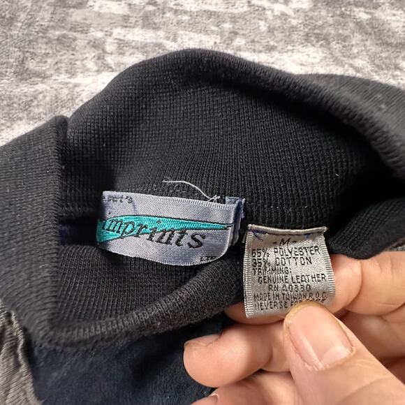 VTG 90s Imprint Sweatshirt Mens Medium Gray Colorblock Leather Patch Jumper - Picture 3 of 7